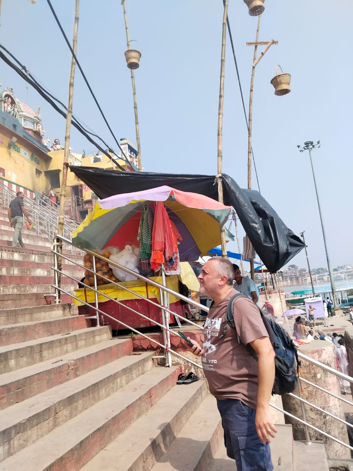 Tourist on Sacred Ghat Stairs